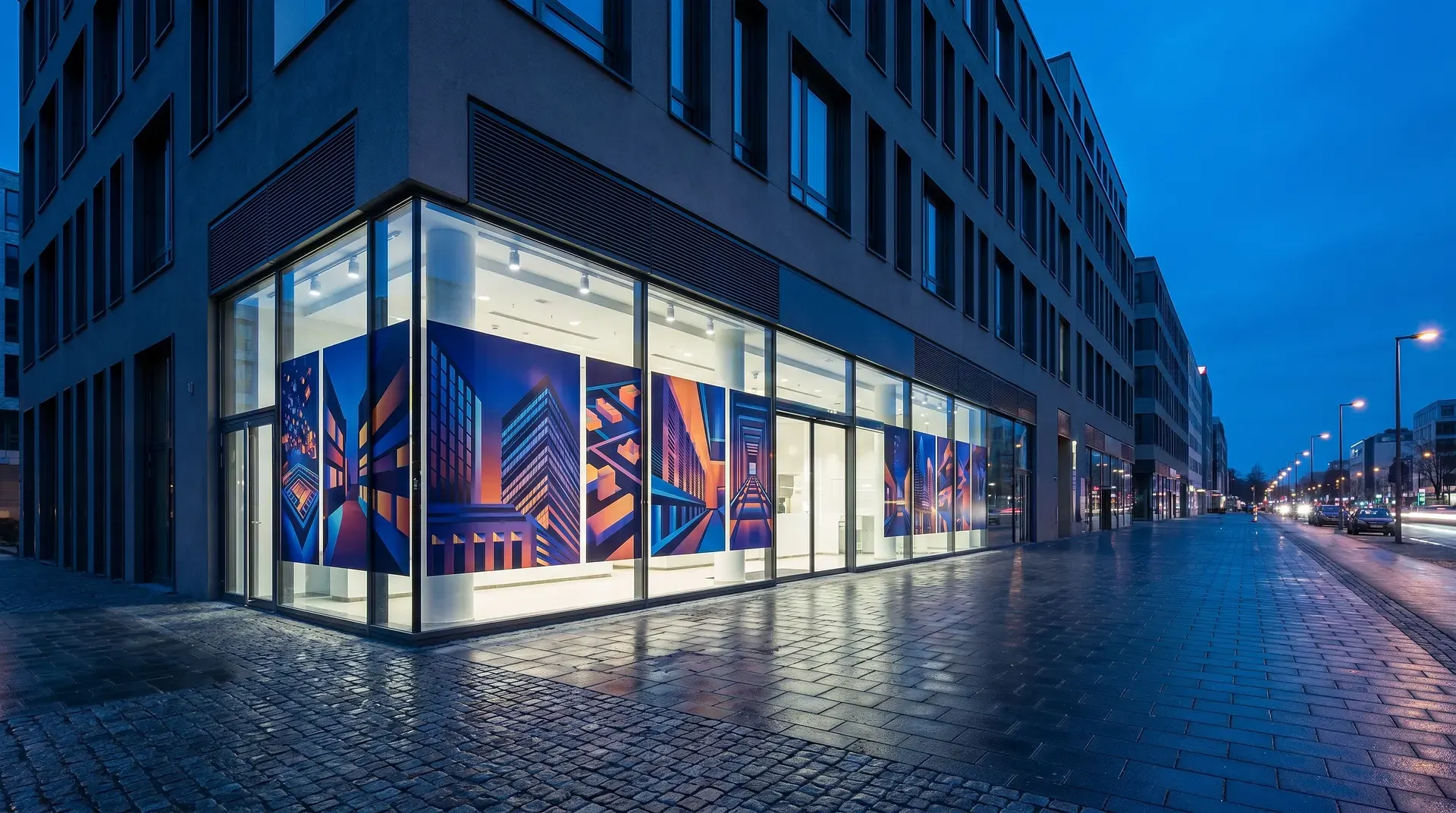 Modern skyltfönster med geometrisk konst i blått och orange på hörn av kontorsbyggnad i skymning.